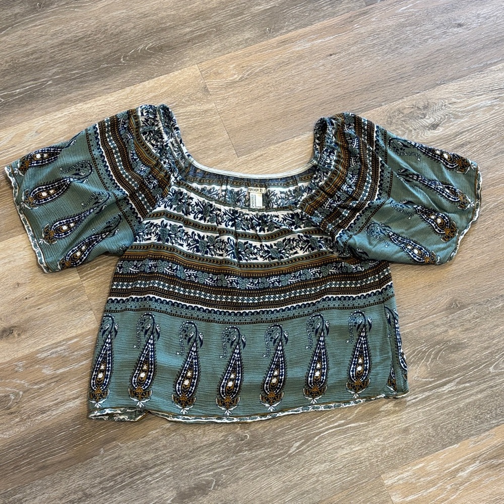 Cropped Boho Bohemian Green Paisley Floral Women's Top
